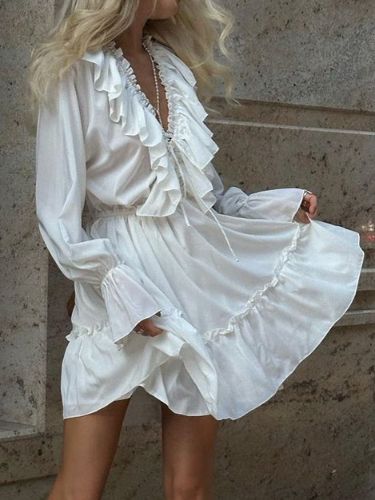 V-neck Pleated Ruffled Long Sleeves Deep V Neckline Dress HELAWBCV5W