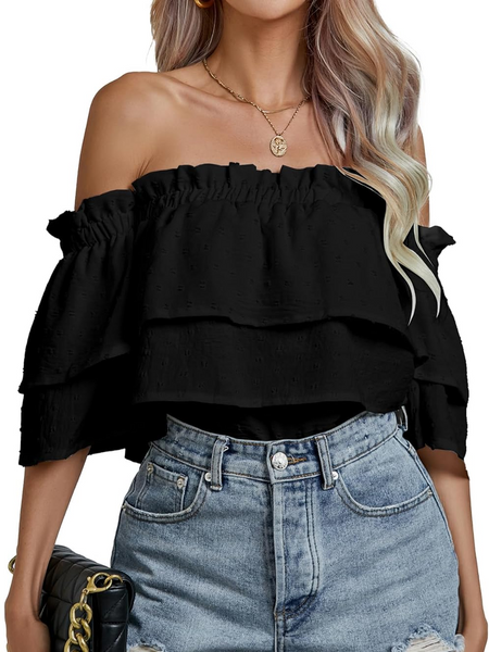 Women's Ruffle Trim Top Off Shoulder Layered HTLPQTEBPS