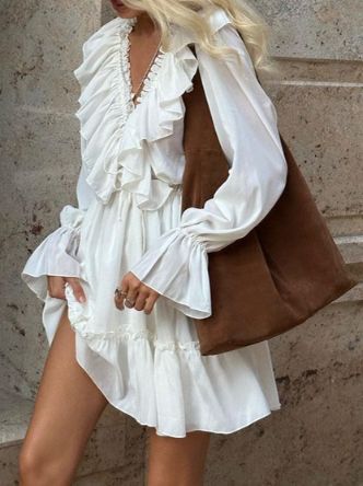 V-neck Pleated Ruffled Long Sleeves Deep V Neckline Dress HELAWBCV5W