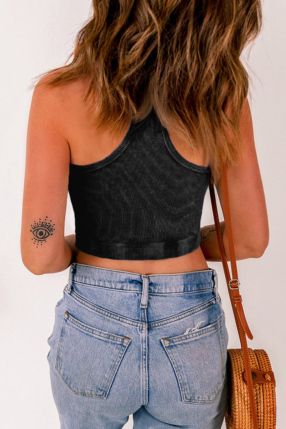 Gold Flame Ribbed Mineral Wash Racerback Cropped Tank Top