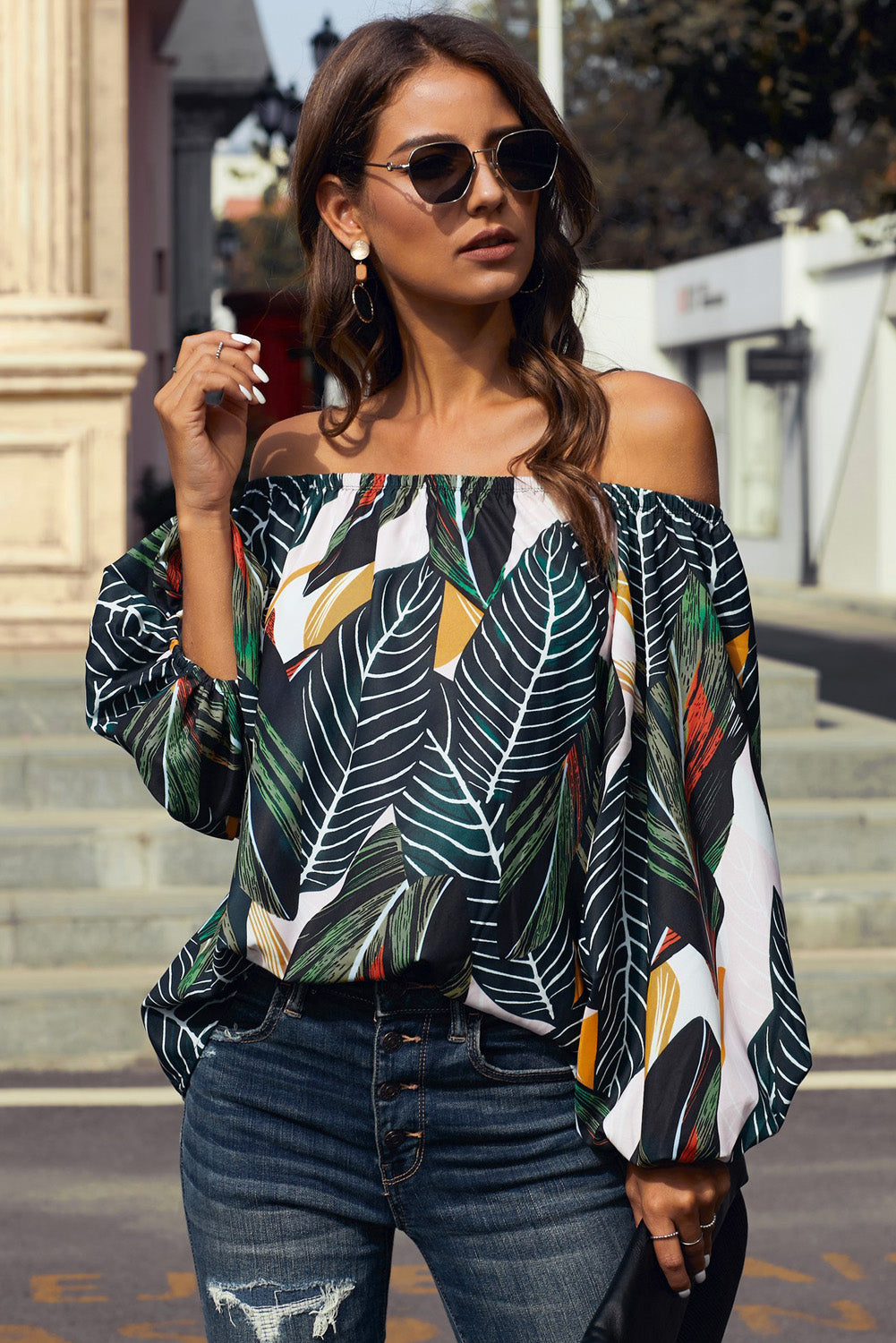 Green Leaves Print Elastic Neck Off Shoulder Top