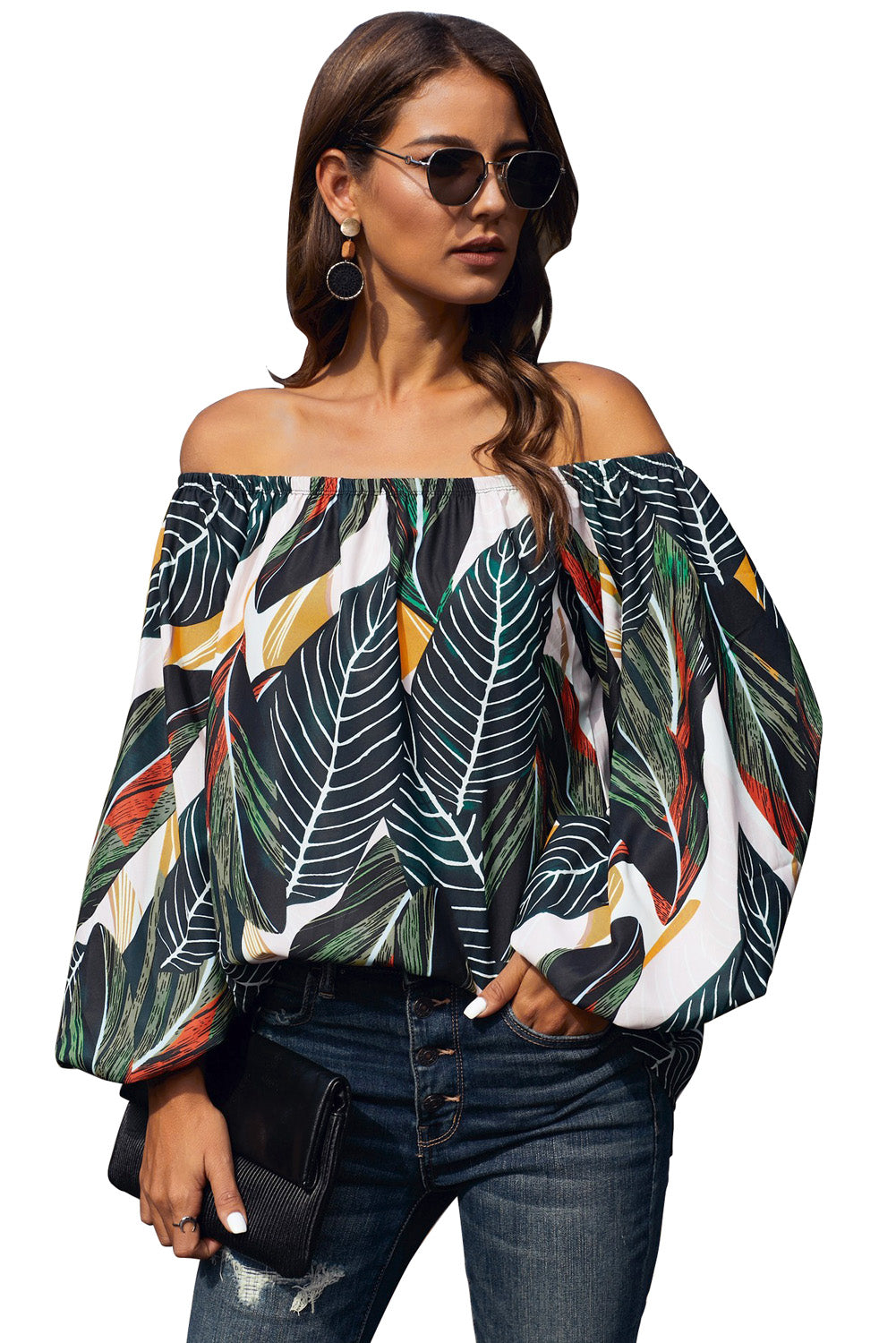 Green Leaves Print Elastic Neck Off Shoulder Top