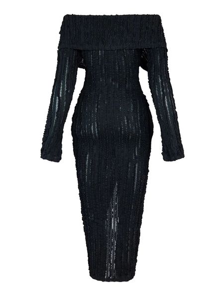 Women's Elegant Off Shoulder Dress Sexy Long Sleeve Button Down Ruffle Mesh Bodycon Long Dresses HEH7HZUNQK