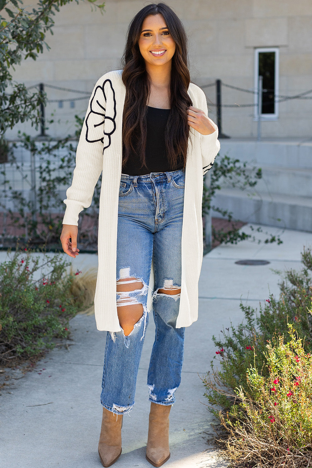 Black Flower Embroidered Drop Shoulder Open Front Duster Cardigan