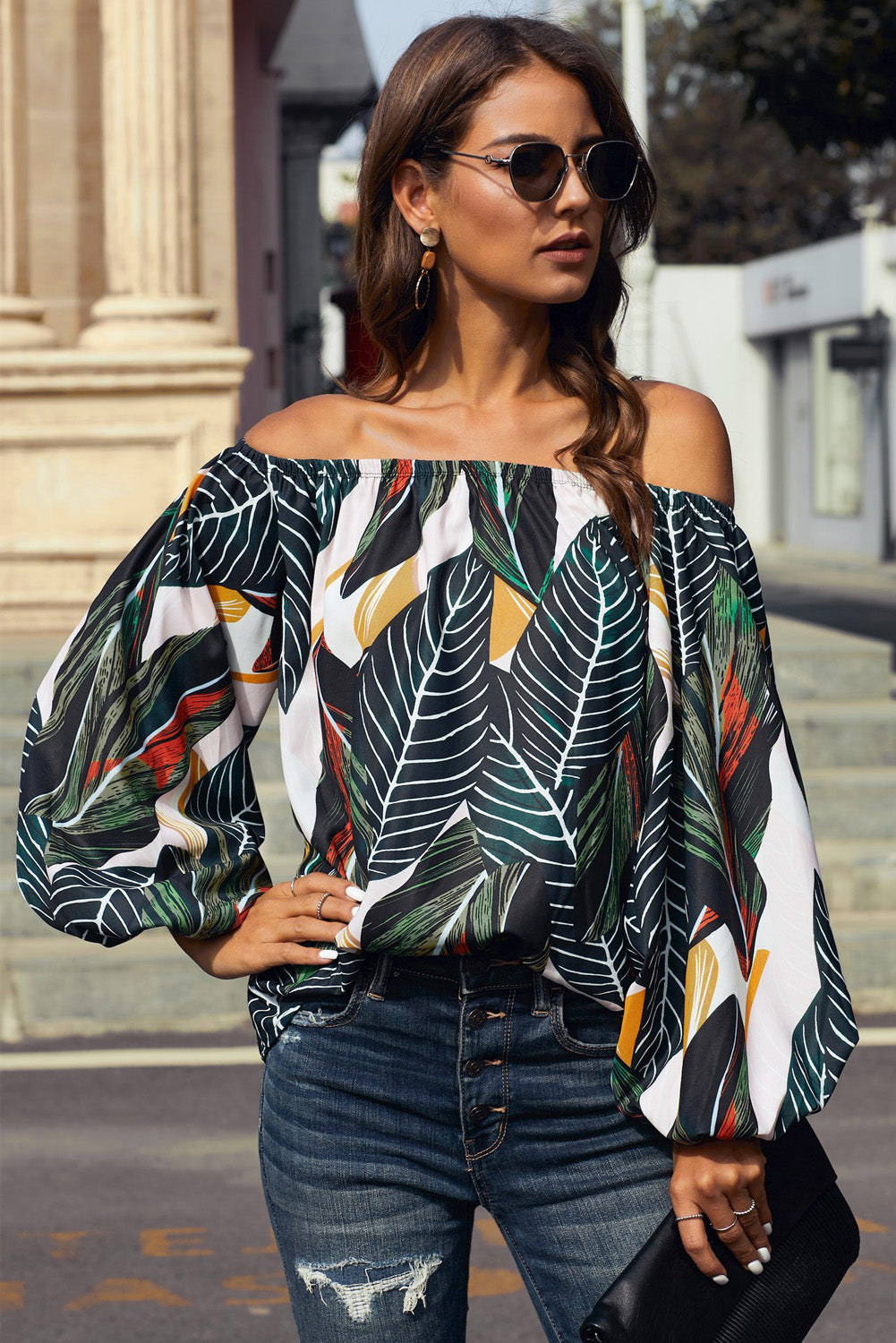 Green Leaves Print Elastic Neck Off Shoulder Top