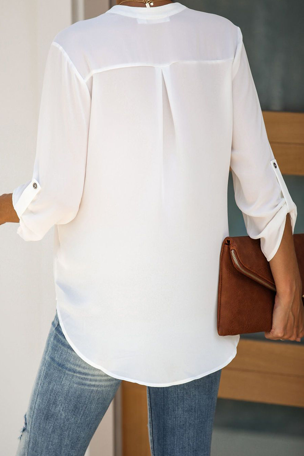 White Split Collar Roll Up Sleeve Blouse