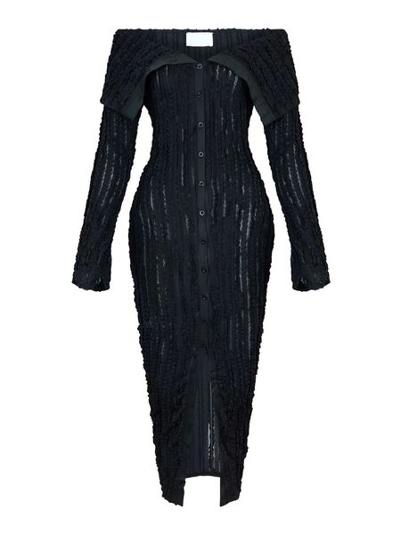 Women's Elegant Off Shoulder Dress Sexy Long Sleeve Button Down Ruffle Mesh Bodycon Long Dresses HEH7HZUNQK