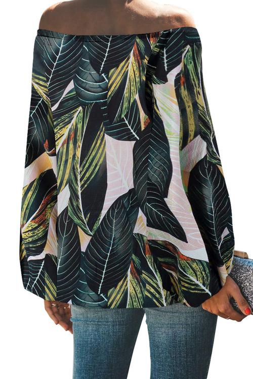 Green Leaves Print Elastic Neck Off Shoulder Top