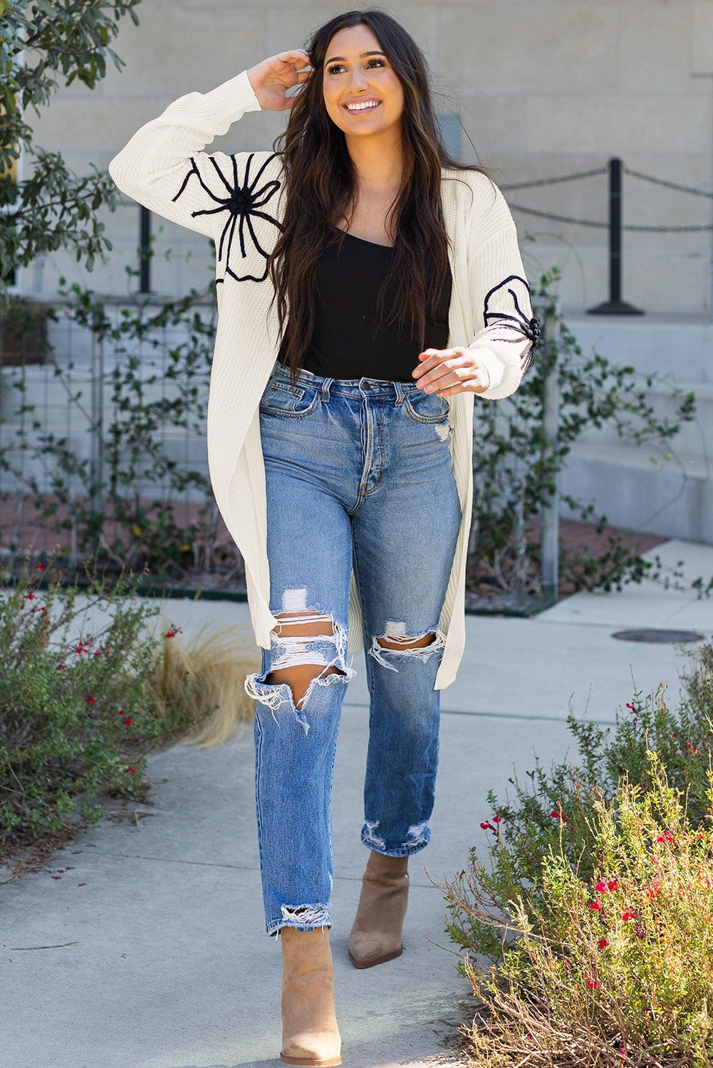 Black Flower Embroidered Drop Shoulder Open Front Duster Cardigan