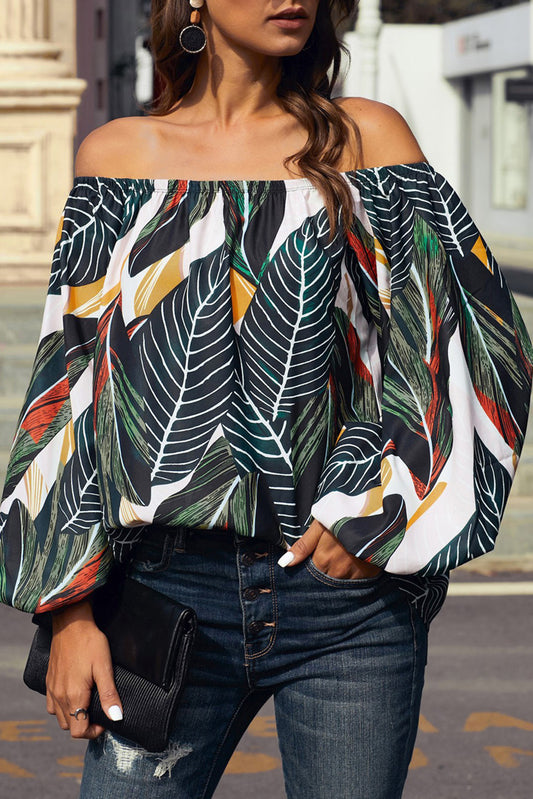 Green Leaves Print Elastic Neck Off Shoulder Top