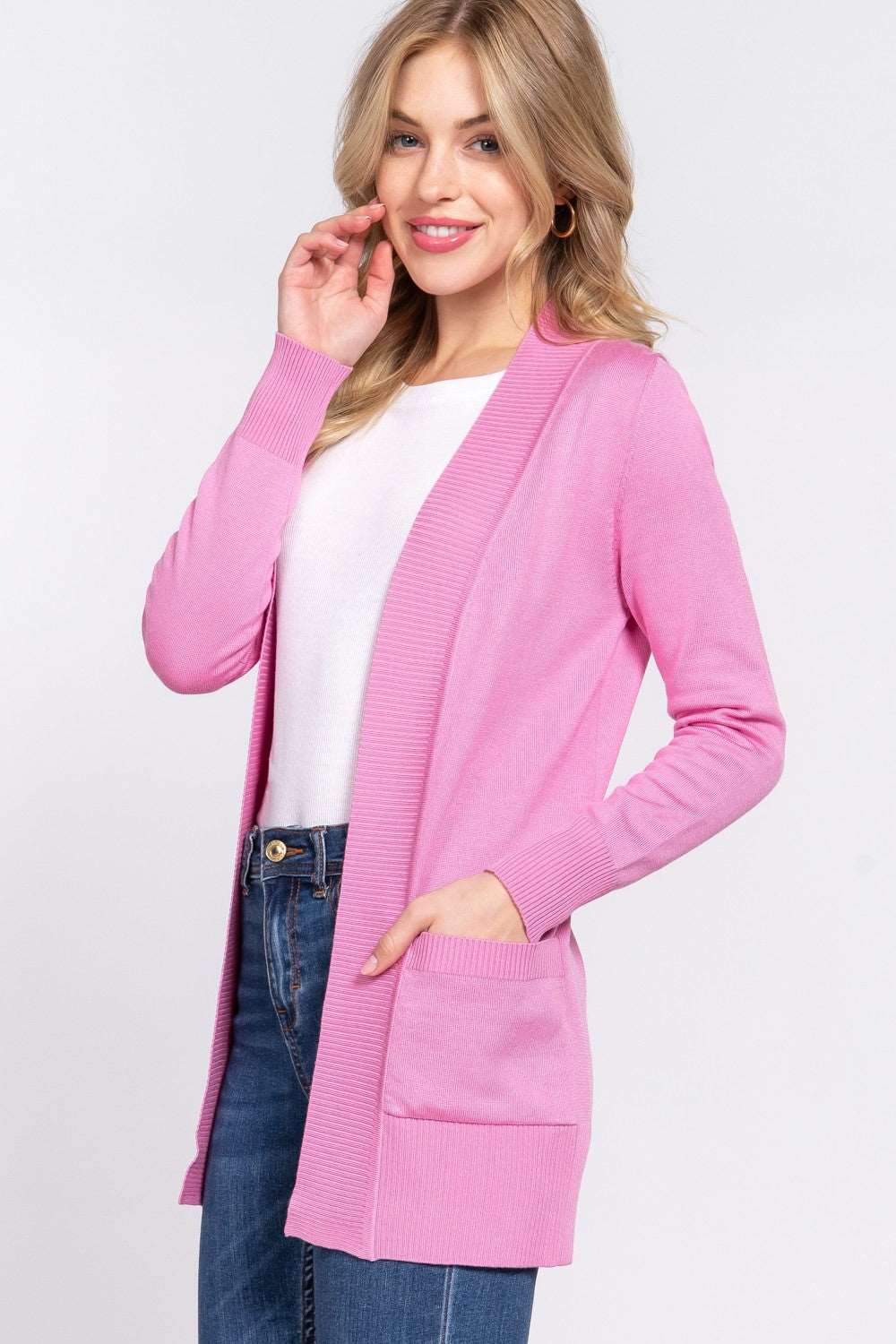 ACTIVE BASIC Ribbed Trim Open Front Cardigan