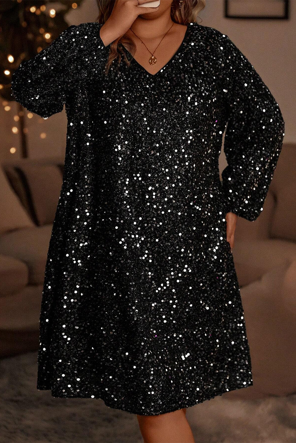 Color black Plus Size Bubble Sleeve V Neck Sequin Dress