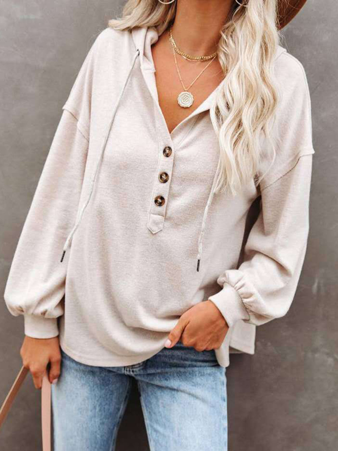 Buttoned Drop Shoulder Hoodie