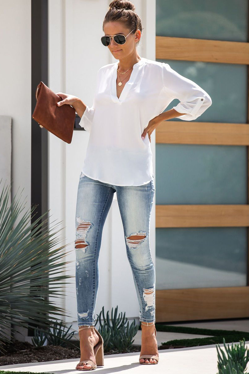 White Split Collar Roll Up Sleeve Blouse