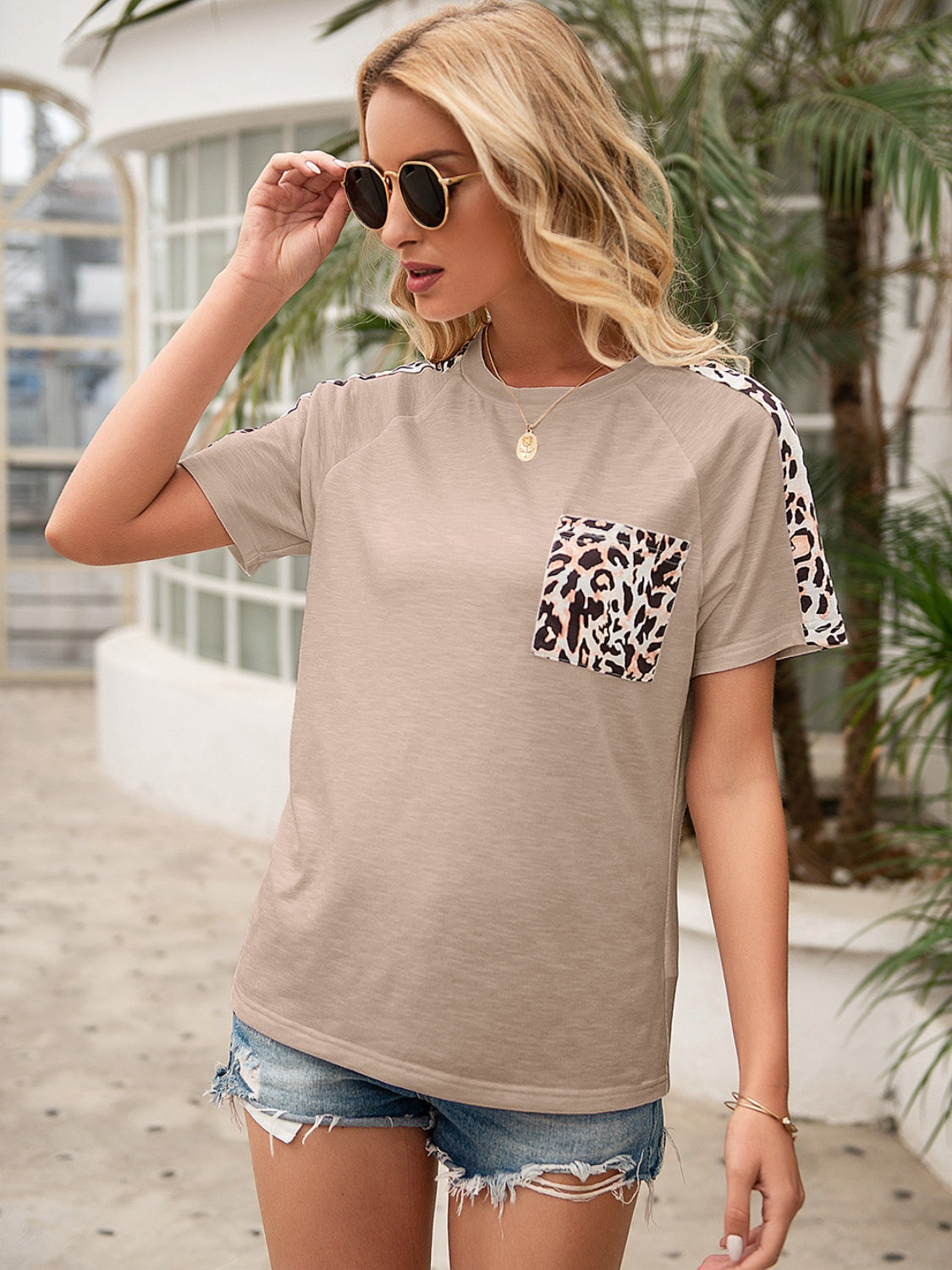 Pocketed Leopard Round Neck Short Sleeve T-Shirt