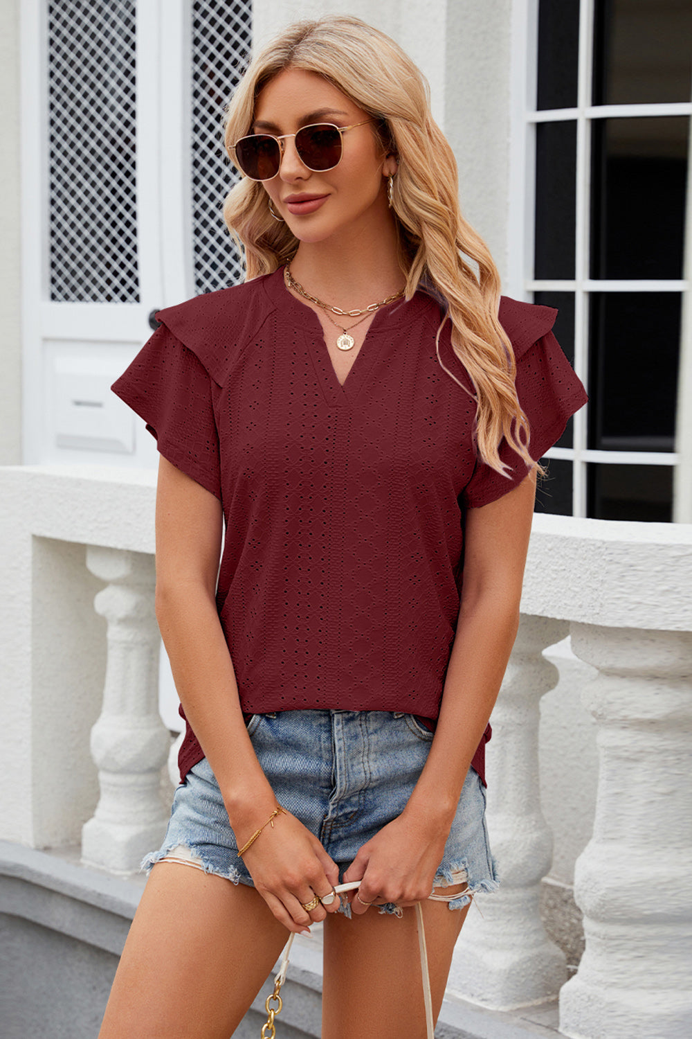 Eyelet Notched Short Sleeve T-Shirt