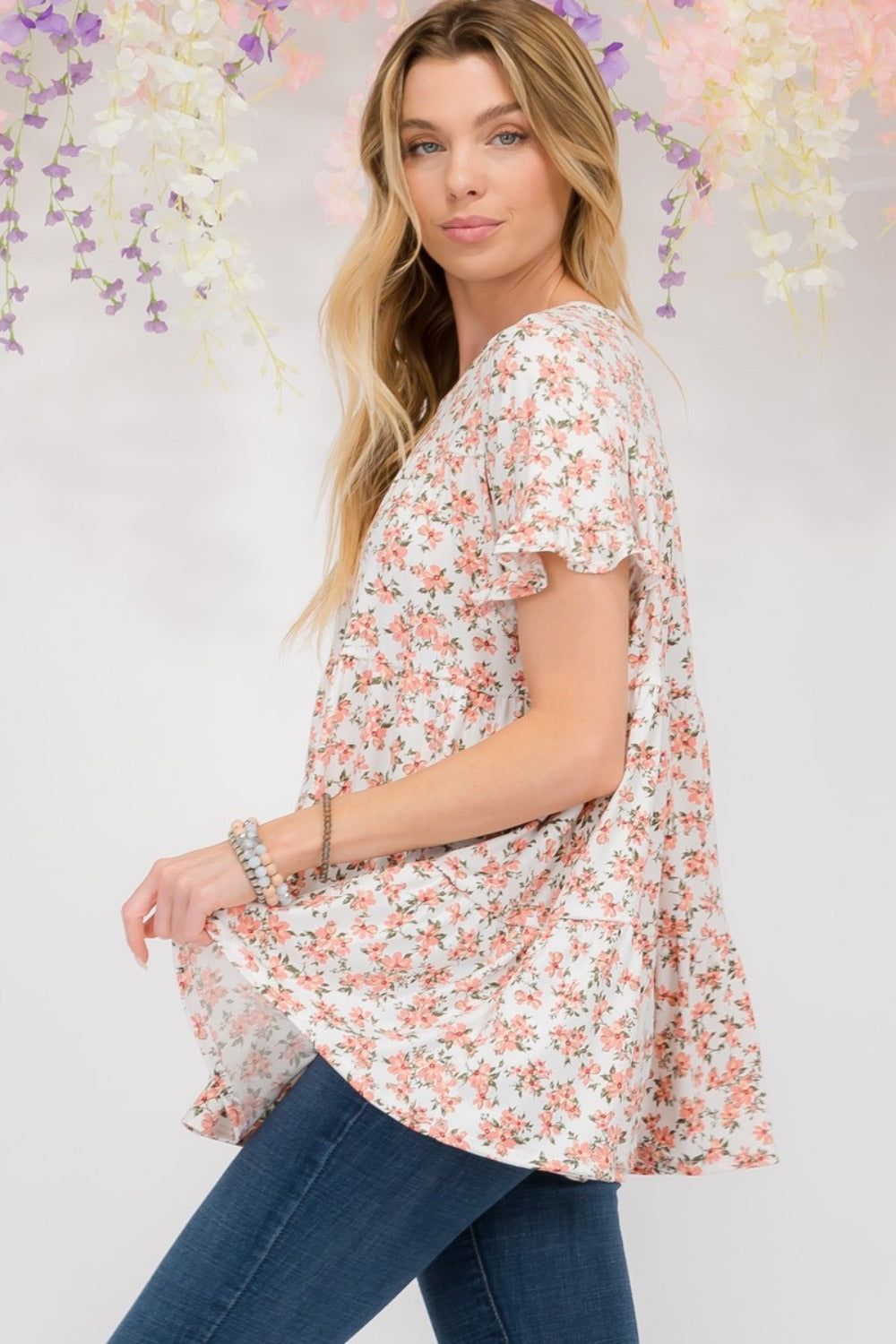 Celeste Full Size Floral Ruffled Short Sleeve Blouse