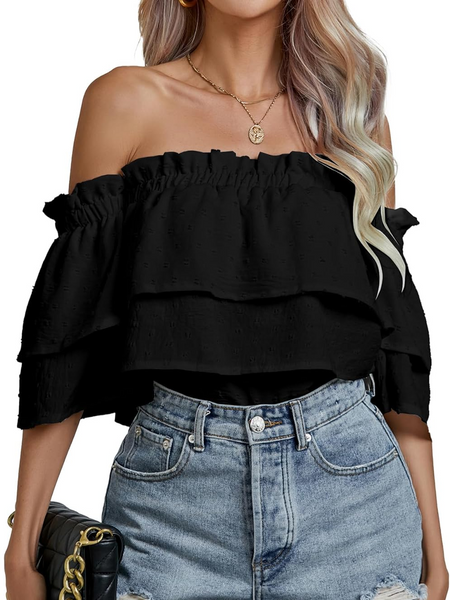 Women's Ruffle Trim Top Off Shoulder Layered  HTLPQTEBPS