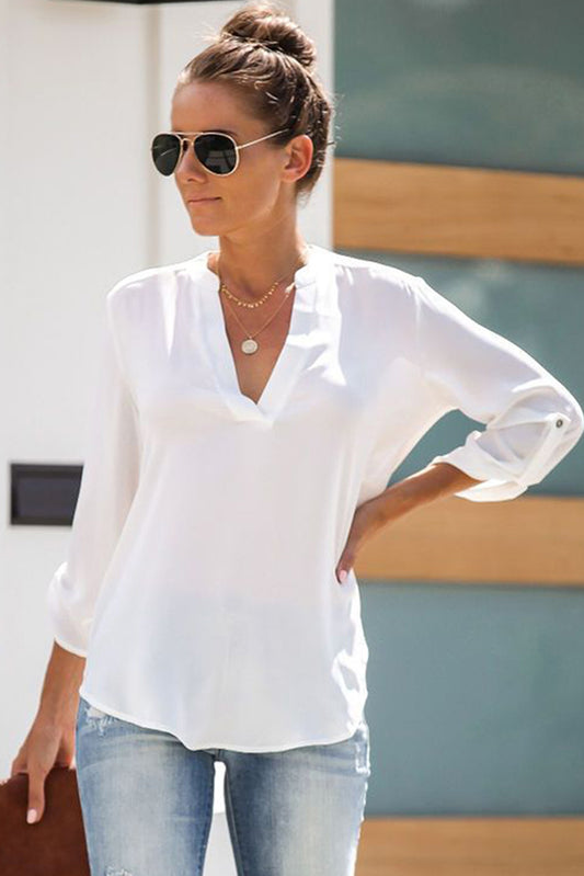 White Split Collar Roll Up Sleeve Blouse