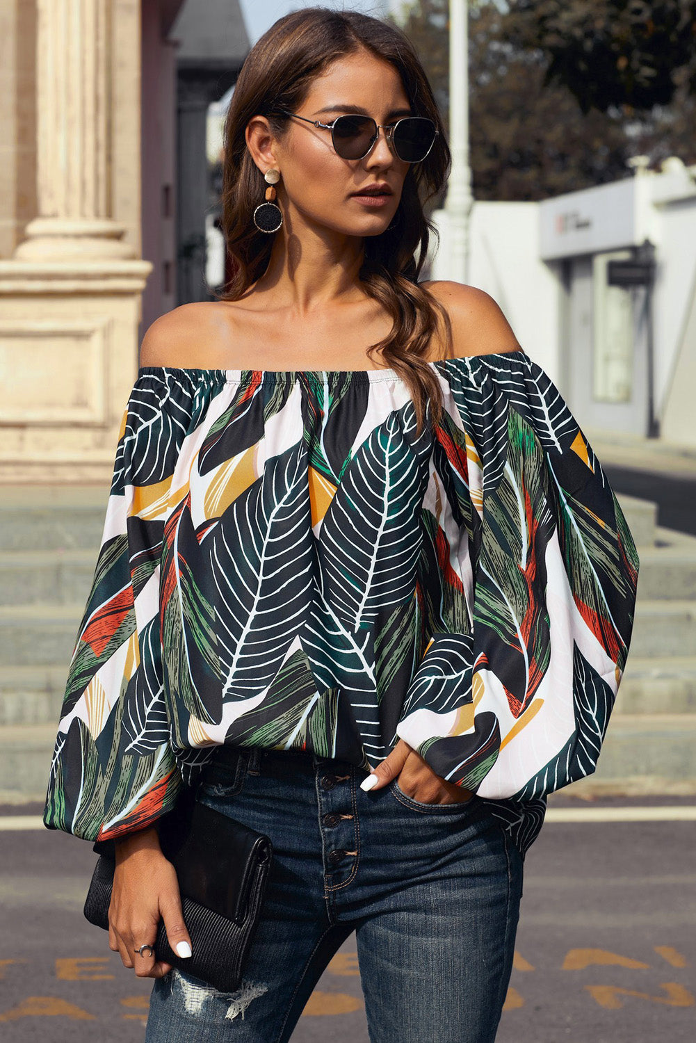 Green Leaves Print Elastic Neck Off Shoulder Top