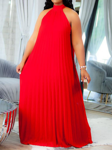 Plus Size Sleeveless Pleated Halter Dress HWFMPZ3D29