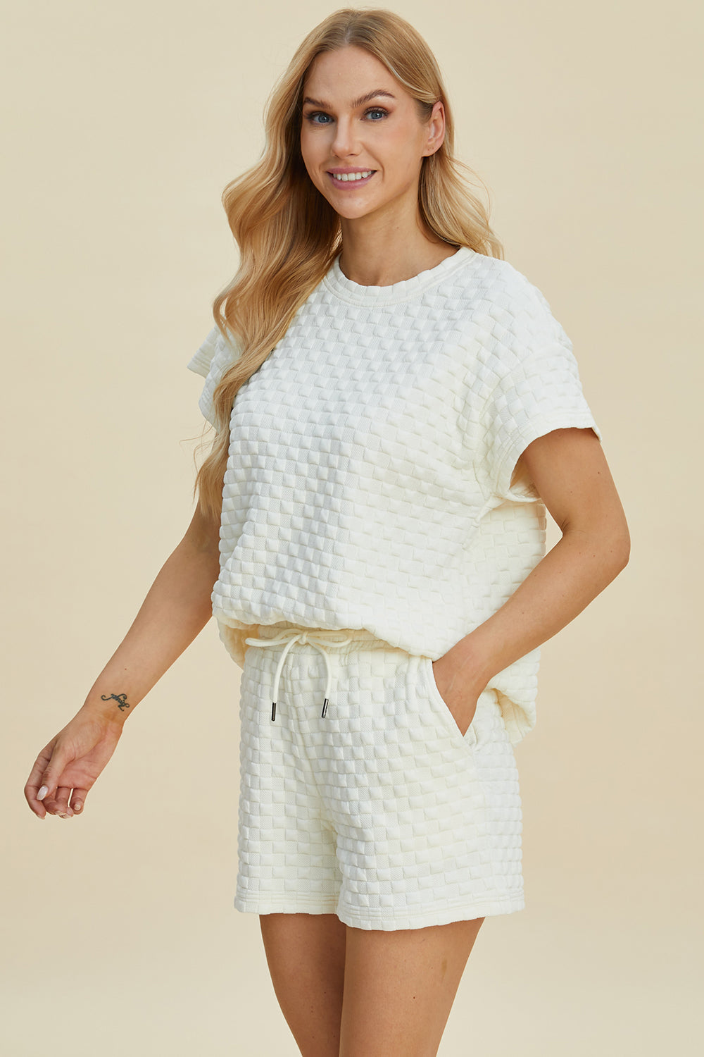 Double Take Full Size Texture T-Shirt and Shorts Set