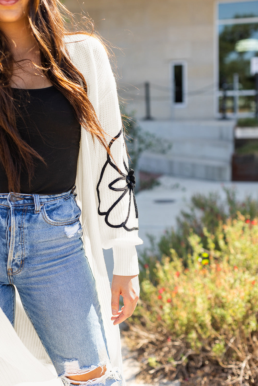 Black Flower Embroidered Drop Shoulder Open Front Duster Cardigan