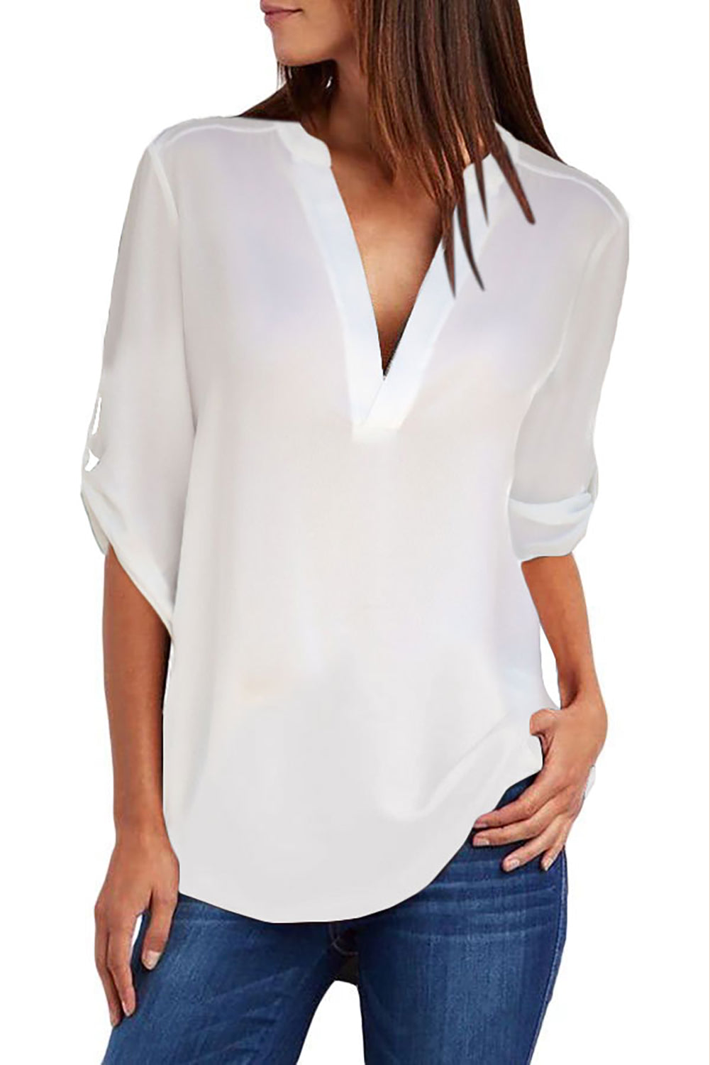 White Split Collar Roll Up Sleeve Blouse